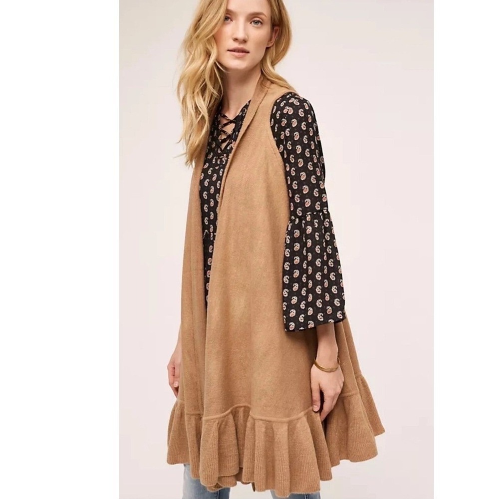 Evelyn K New York Ruffle Hem Sleeveless Cardigan Vest Tan Camel Open Front XL